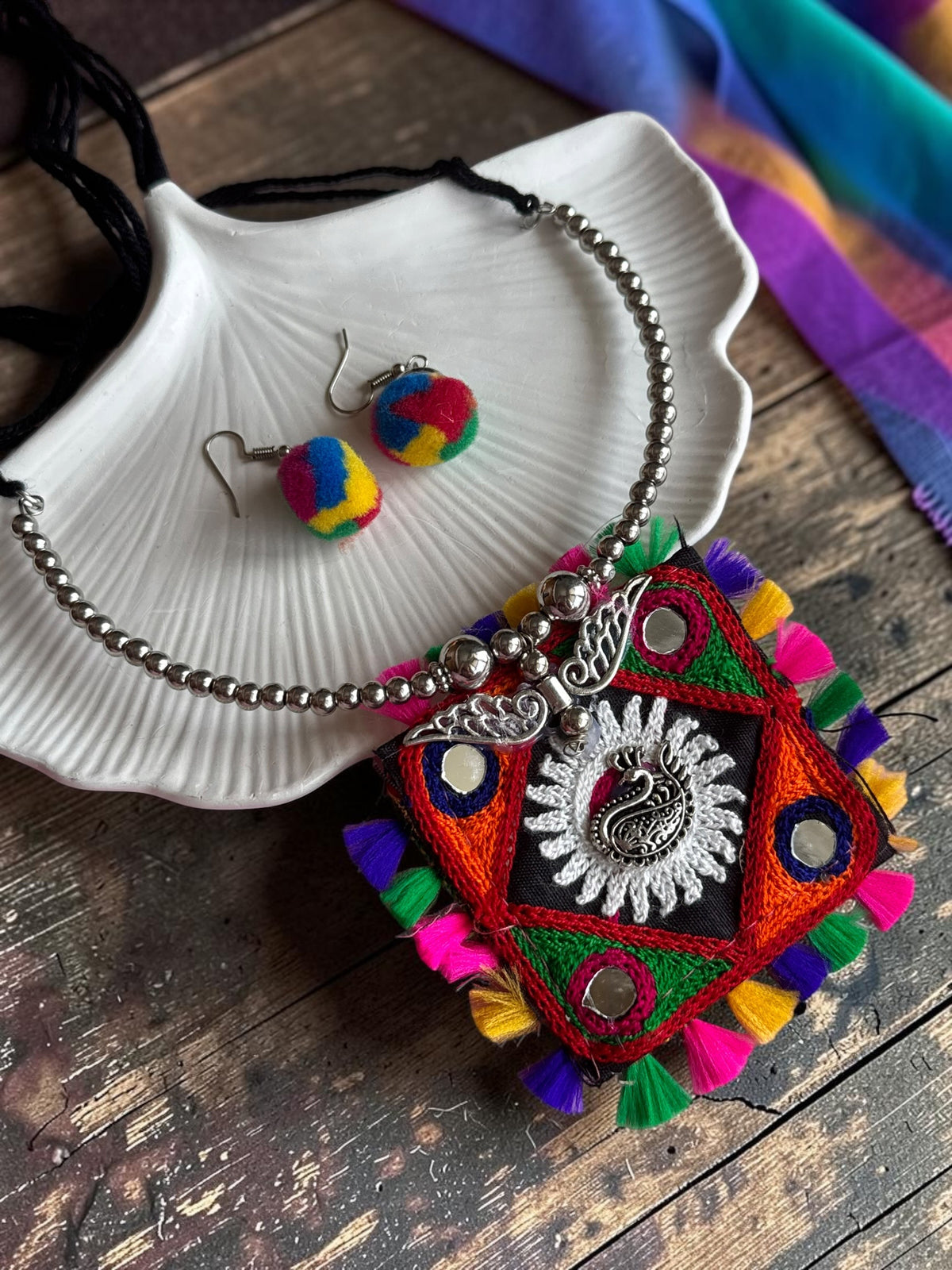 Kutchi Embroidered Square Pendant Necklace