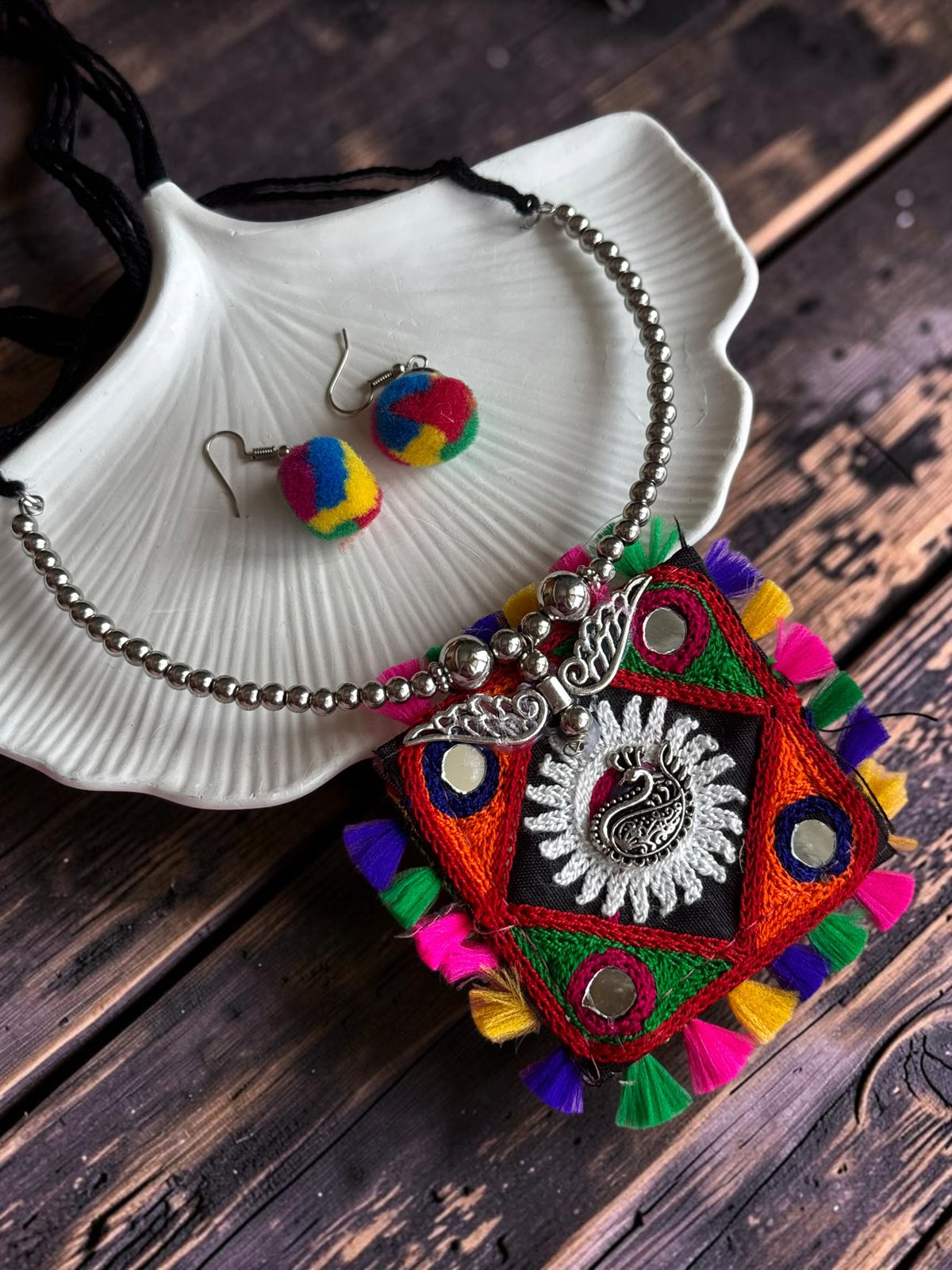 Kutchi Embroidered Square Pendant Necklace