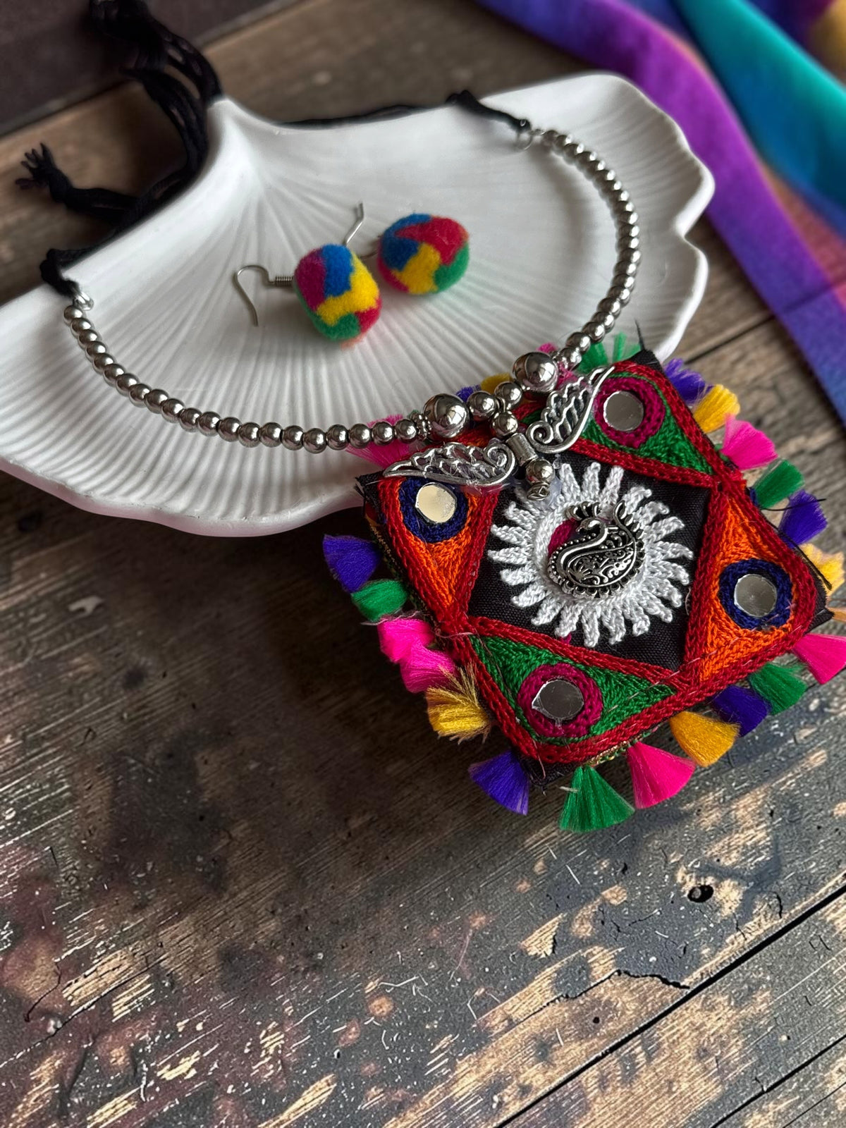 Kutchi Embroidered Square Pendant Necklace