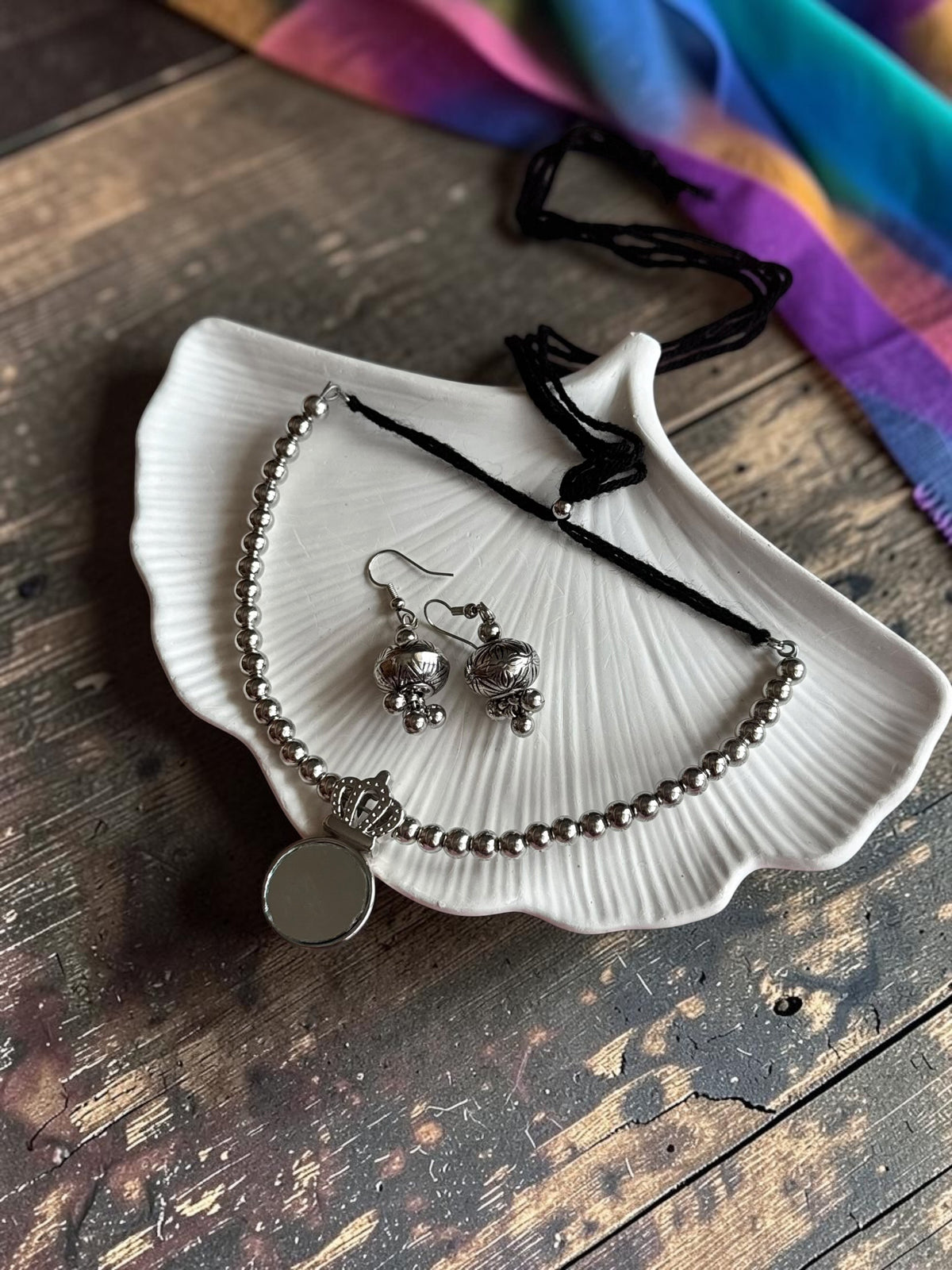 Ethnic Silver-Toned Crown-Framed Round Mirror Choker Set