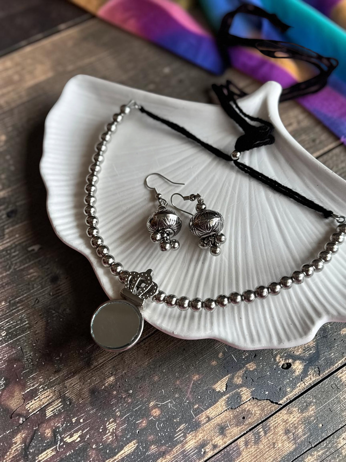 Ethnic Silver-Toned Crown-Framed Round Mirror Choker Set