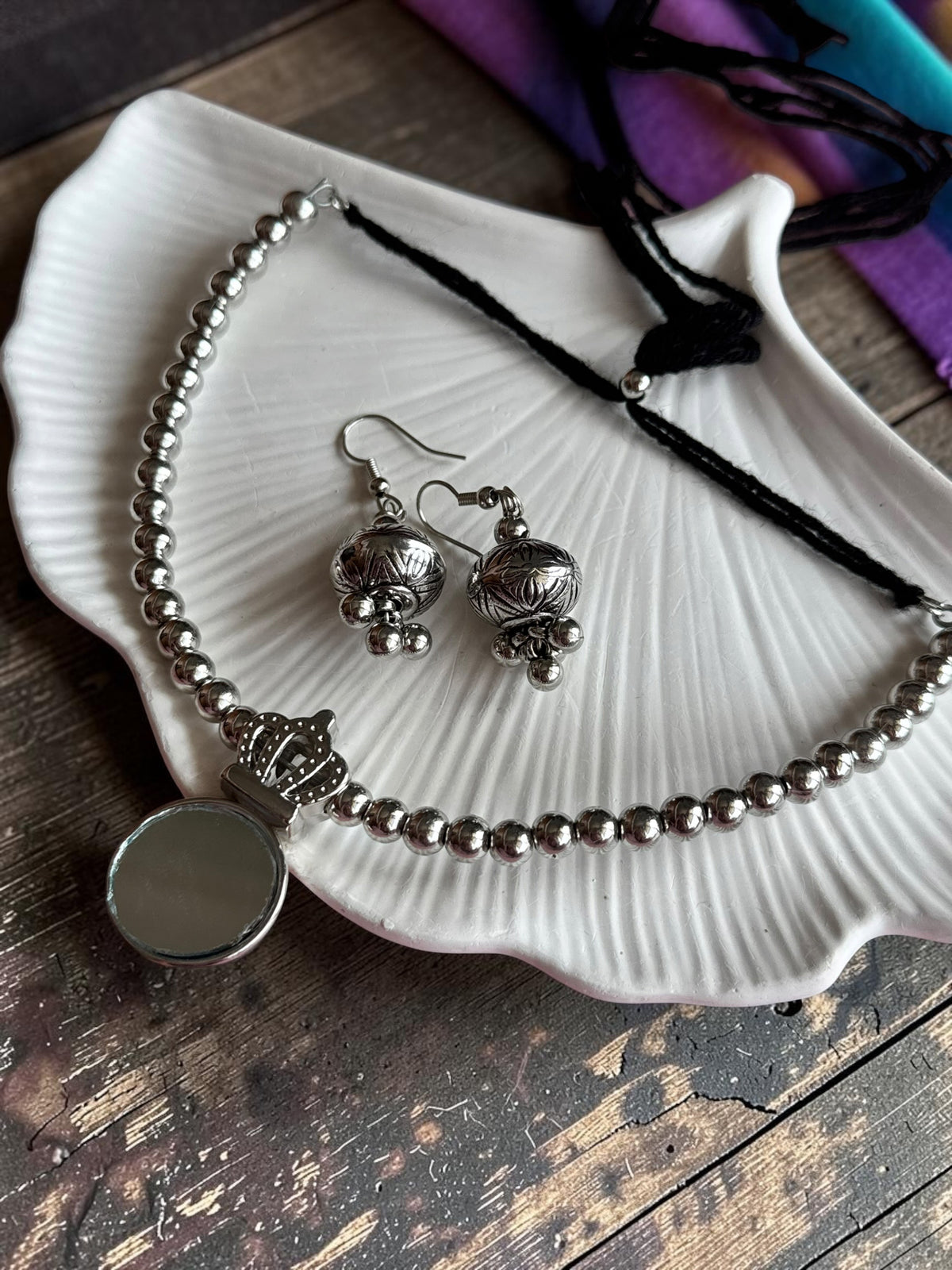 Ethnic Silver-Toned Crown-Framed Round Mirror Choker Set