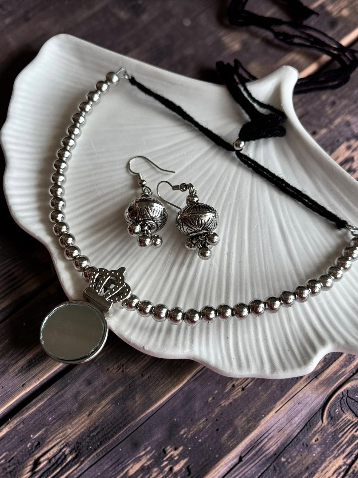 Ethnic Silver-Toned Crown-Framed Round Mirror Choker Set