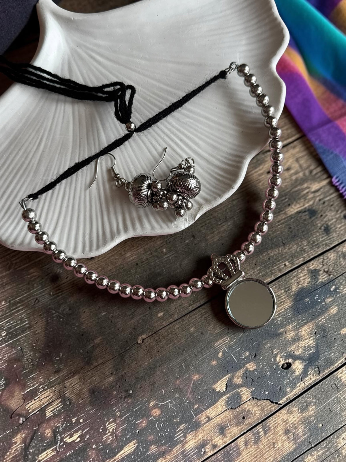 Ethnic Silver-Toned Crown-Framed Round Mirror Choker Set