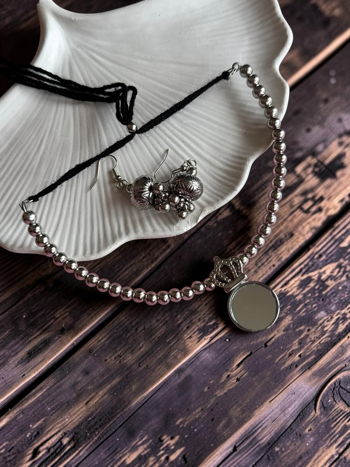 Ethnic Silver-Toned Crown-Framed Round Mirror Choker Set