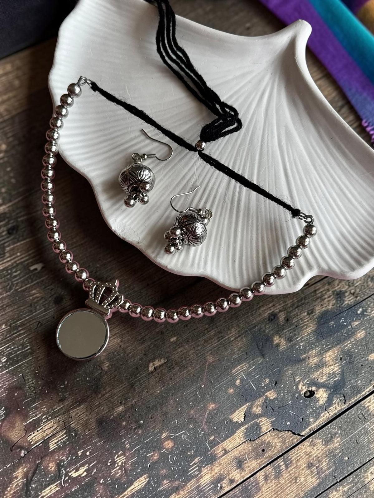 Ethnic Silver-Toned Crown-Framed Round Mirror Choker Set