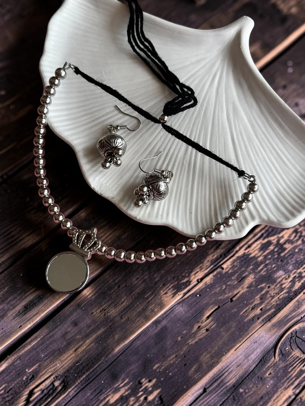 Ethnic Silver-Toned Crown-Framed Round Mirror Choker Set