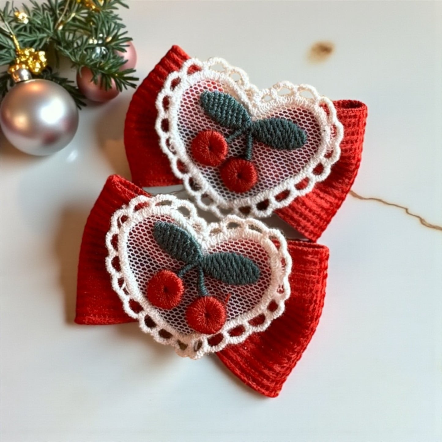 Cherry Lace Heart Clips