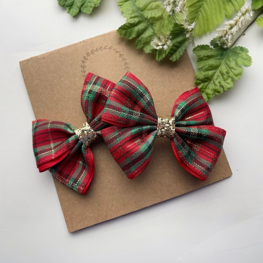 Glittering Holiday Plaid Bow Set