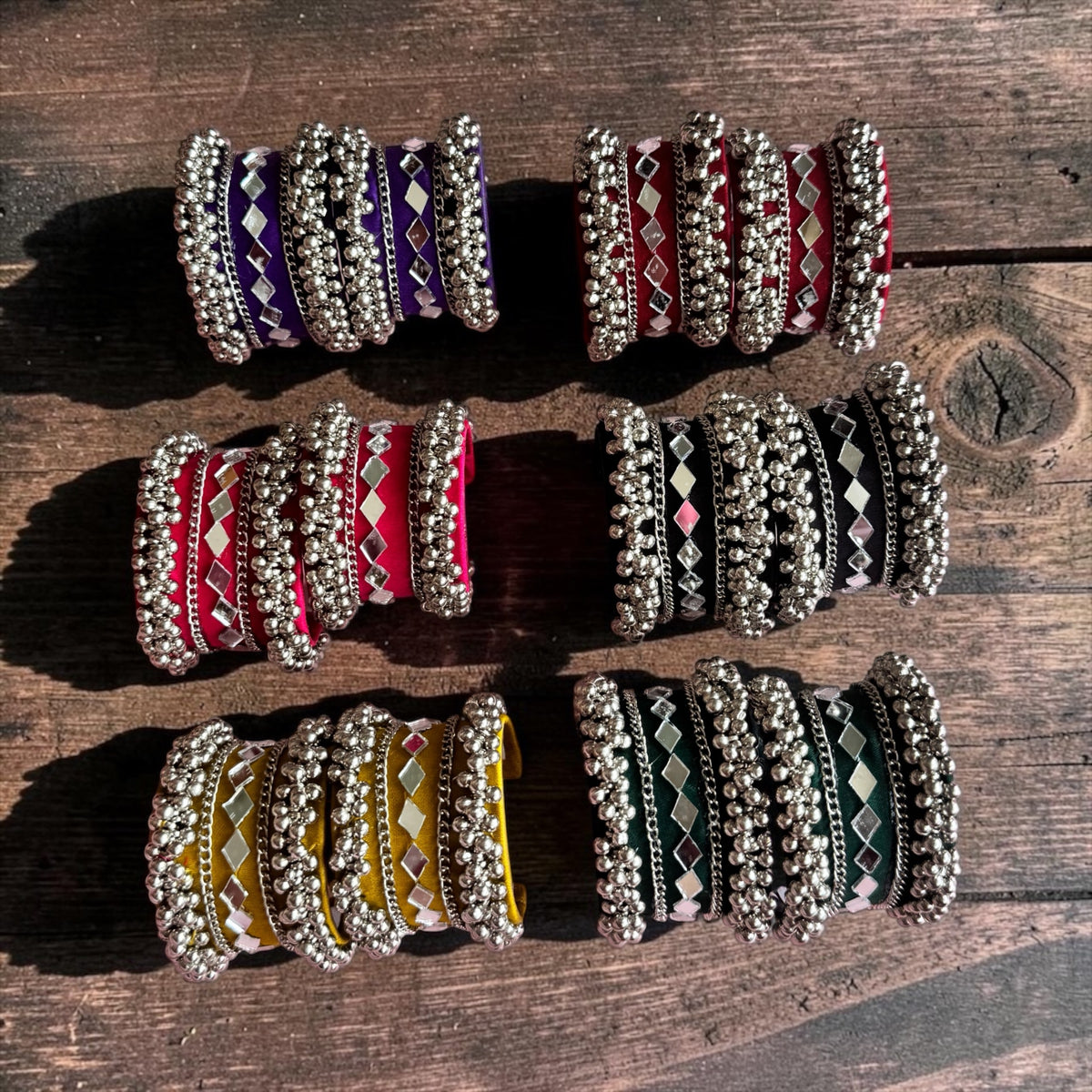 Diamond Mirror Work & Silver Ghungroo Kada Set